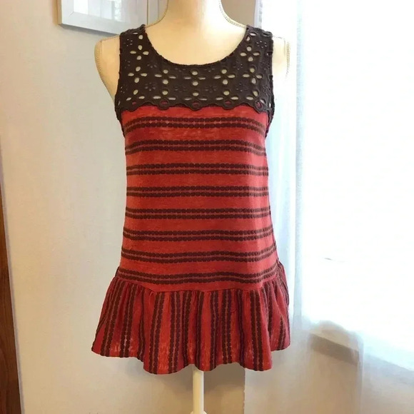 Free People Bohemian Boho Stripped Eyelet Peplum Top - Picture 3 of 7